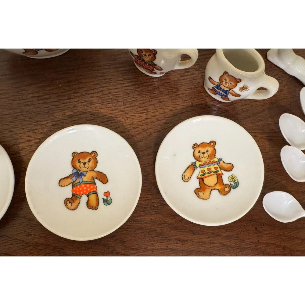 Vintage 1980s Miniature Porcelain Teddy Bears in Bathing Suits Tea Set Japan 19p